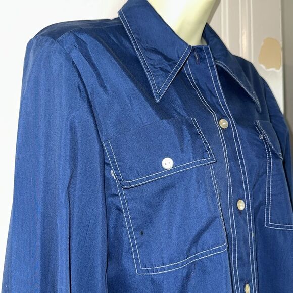 Vtg 70s Blue with White Stitching Long Tunic Polyester/Cotton Long Sleeve Shirt - Picture 5 of 9